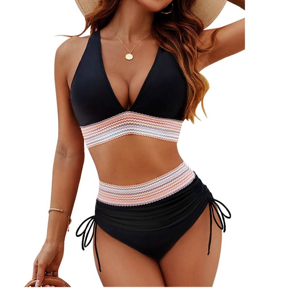 Women's Black High-Waist Bikini with Pink & Cream Stripe Trim
